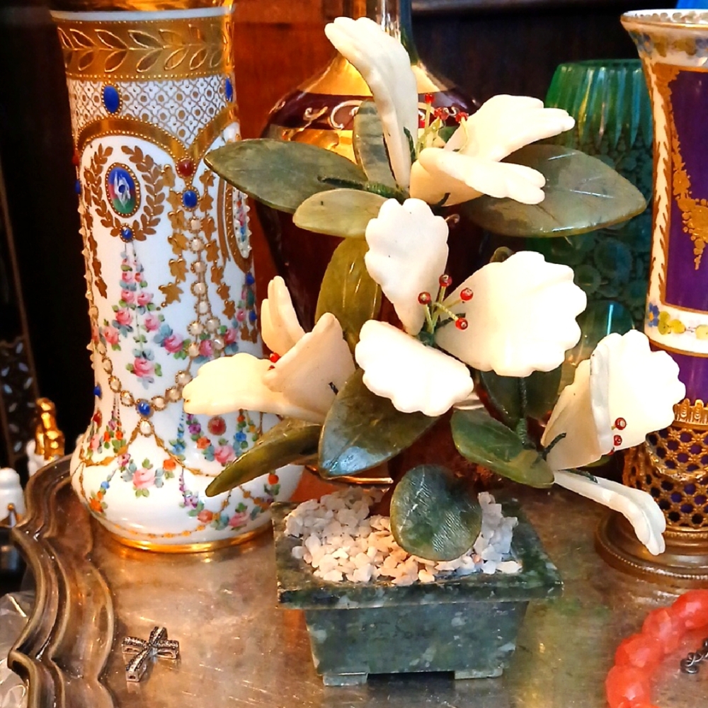 Elegant Floral Jade & Agate Arrangement in Green Jade Pot